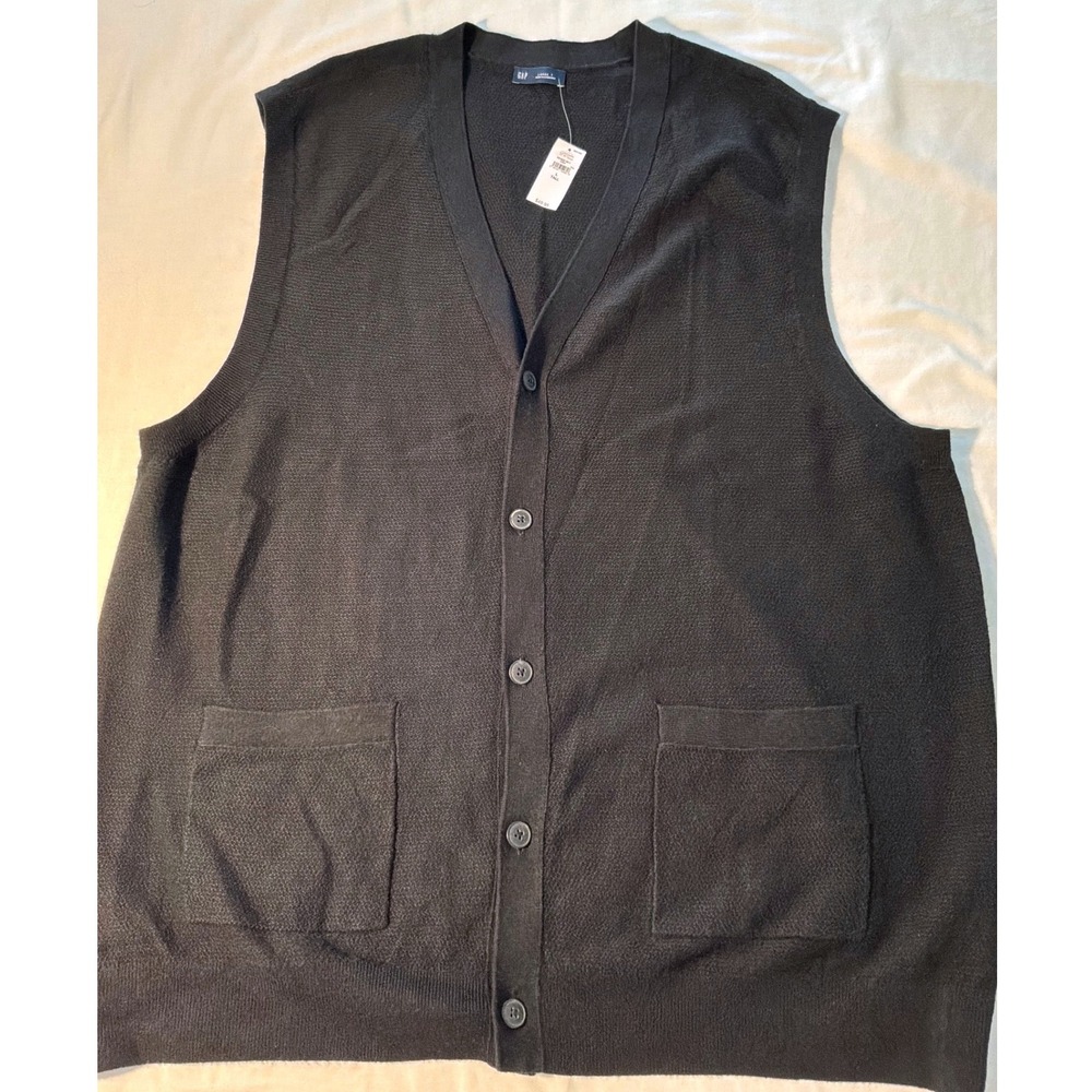 Gap Mens Cardigan Sweater Vest Black V-Neck Button Front Pockets Large Tall NWT